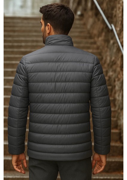 Erkek Kışlık Basic Dik Yaka Fermuarlı Füme Şişme Mont