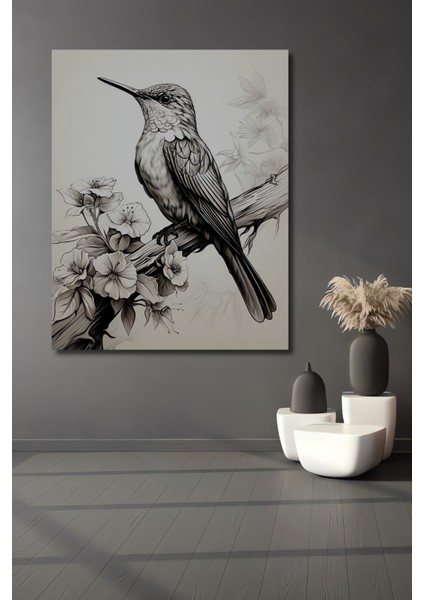 Kara Kalem Görünümlü Kuş ve Çiçek Ahşap Dekoratif Tablo Dikdörtgen Tablo