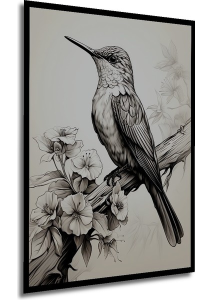 Kara Kalem Görünümlü Kuş ve Çiçek Ahşap Dekoratif Tablo Dikdörtgen Tablo