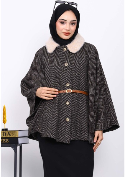 Vizon Yaka Kürklü Kemerli Panço
