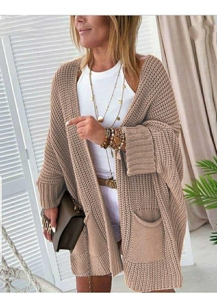 4oversize Kalıp Cepli Salaş Triko Hırka Bej