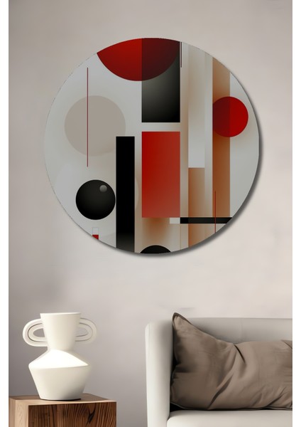Kırmızı Siyah Geometrik Soyut Modern Sanat Ahşap Dekoratif Tablo Yuvarlak Tablo