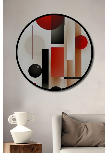 Kırmızı Siyah Geometrik Soyut Modern Sanat Ahşap Dekoratif Tablo Yuvarlak Tablo fiyatları