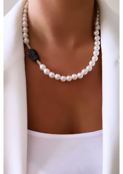 Siyah Taşlı Kristal Detay Inci Choker