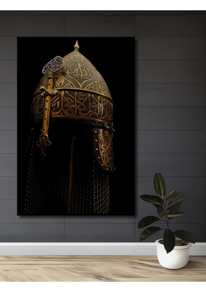 Osmanlı Sanatı Altın Varaklı Miğfer Ahşap Dekoratif Tablo Dikdörtgen Tablo