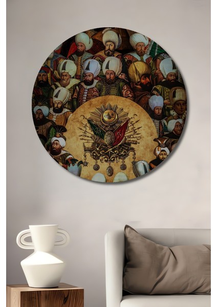 Osmanlı Padişahları Yağlı Boya Görünümlü Ahşap Dekoratif Tablo Yuvarlak Tablo