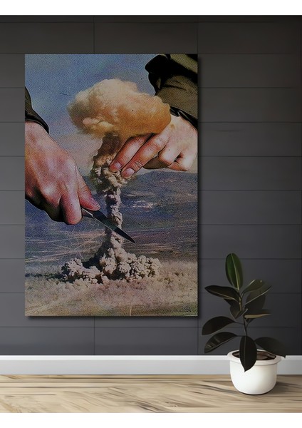 Nükleer Patlama Sanat Tablosu Yağlı Boya Görünümlü Ahşap Dekoratif Tablo Dikdörtgen Tablo