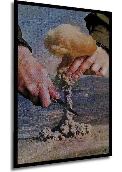 Nükleer Patlama Sanat Tablosu Yağlı Boya Görünümlü Ahşap Dekoratif Tablo Dikdörtgen Tablo