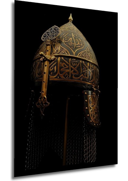 Osmanlı Sanatı Altın Varaklı Miğfer Ahşap Dekoratif Tablo Dikdörtgen Tablo