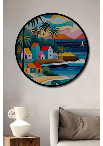 Tropik Tatil Kasabası Sulu Boya Görünümlü Ahşap Tablo Yuvarlak Tablo fiyatları