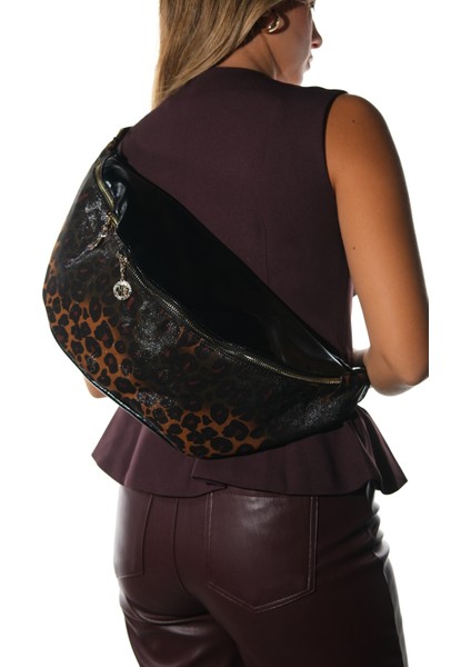 Venta Siyah-Siyah Sarı Desenli Kadın Büyük Bel Çantası