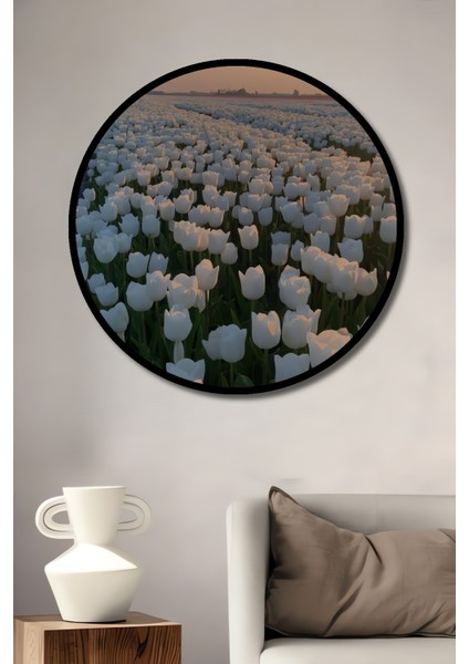 Beyaz Lale Tarlası Yağlı Boya Görünümlü Ahşap Dekoratif Tablo Yuvarlak Tablo fiyatları