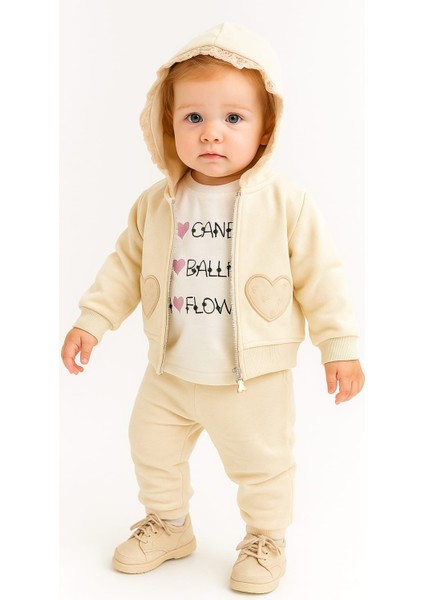 Kalp Nakışlı Hırkalı Kışlık Kız Bebek Eşofman Takım 3lü Set