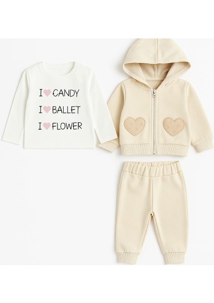 Kalp Nakışlı Hırkalı Kışlık Kız Bebek Eşofman Takım 3lü Set fiyatları