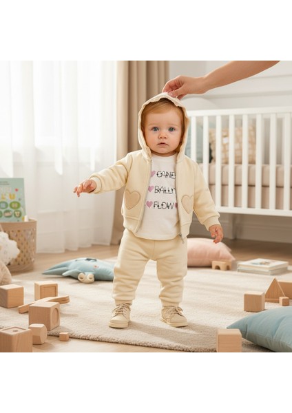 Kalp Nakışlı Hırkalı Kışlık Kız Bebek Eşofman Takım 3lü Set modelleri