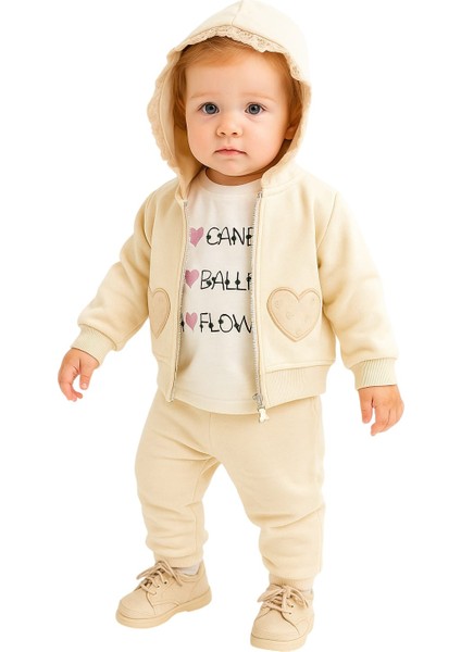 Kalp Nakışlı Hırkalı Kışlık Kız Bebek Eşofman Takım 3lü Set fırsatları
