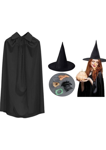 Cadı Kostüm Seti 6 Parça - Şapka Pelerin Diş Tırnaklar Çene ve Burun
