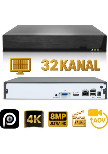 HiEasy 32 Kameralı 8MP NVR Güvenlik Seti (8TB HDD Dahil) – 4K AOV PTZ Kontrol H.265+ 7/24 Kayıt