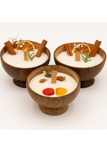Gerçek Hindistan Cevizi Kasesinde Hindistan Cevizi Kokulu Dekoratif Doğal Mum 3'lü