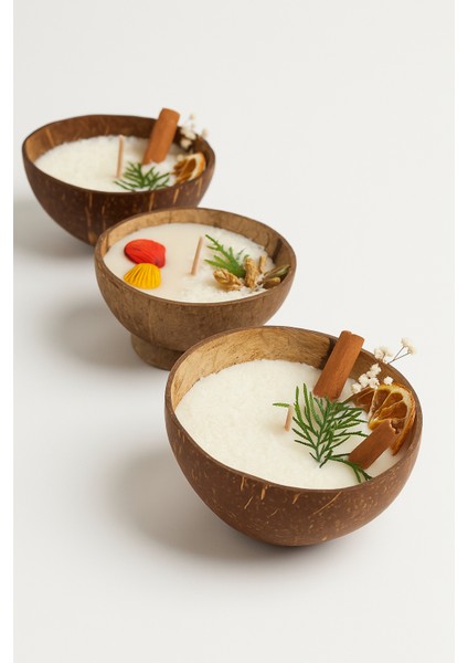 Gerçek Hindistan Cevizi Kasesinde Hindistan Cevizi Kokulu Dekoratif Doğal Mum 3'lü modelleri