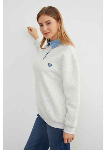 3 Iplik Kalp Nakışlı Polo Yaka Denim Detaylı Sweatshirt indirimleri