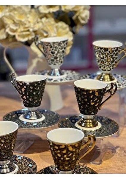 6lı Talia Leoparlı Gold Ayaklı Türk Kahve Fincan Takımı modelleri
