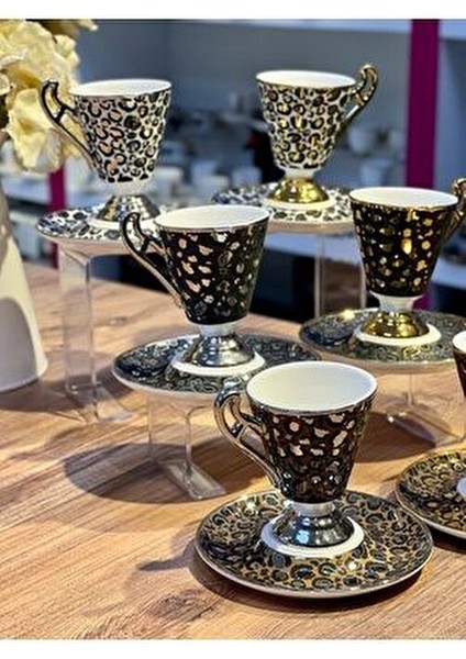 6lı Talia Leoparlı Gold Ayaklı Türk Kahve Fincan Takımı