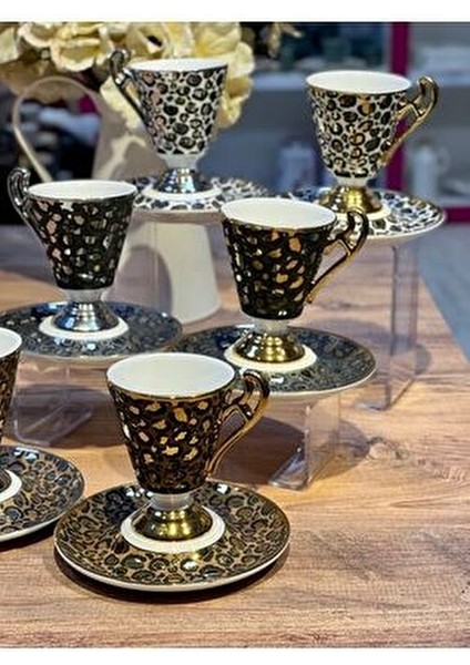 6lı Talia Leoparlı Gold Ayaklı Türk Kahve Fincan Takımı