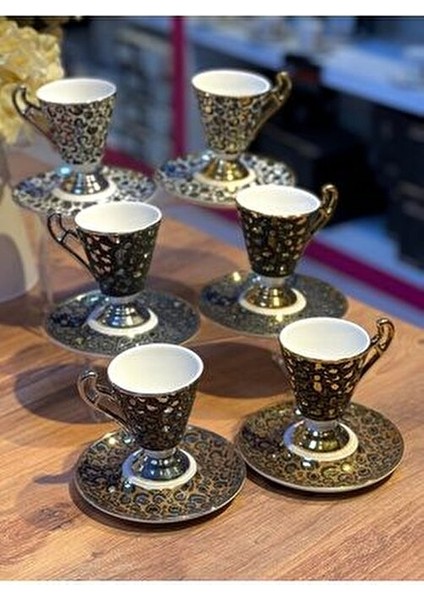 6lı Talia Leoparlı Gold Ayaklı Türk Kahve Fincan Takımı