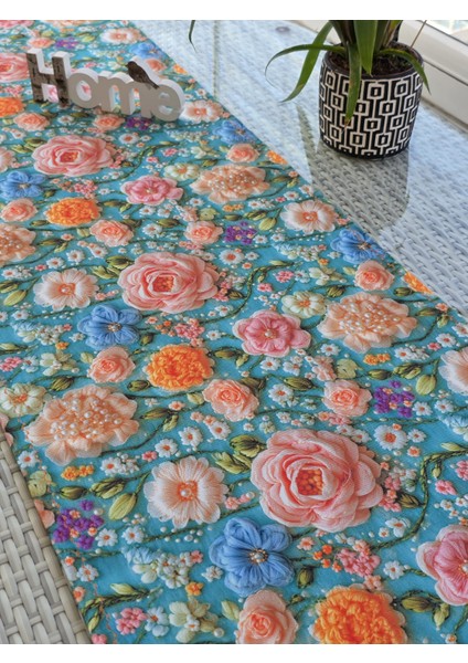 3D Incili Çiçek Desenli Runner