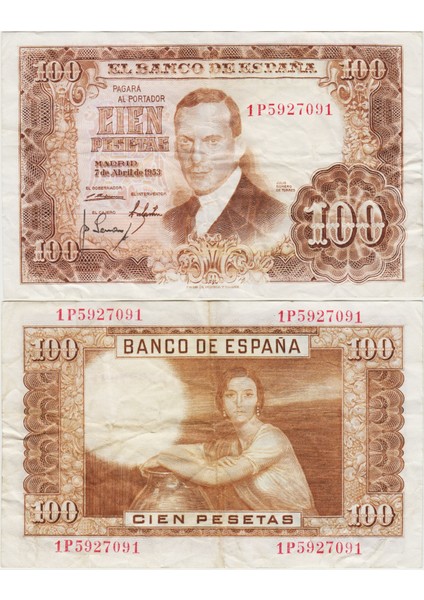 Ispanya 100 Peseta 1953 Çok Çok Temiz(-)