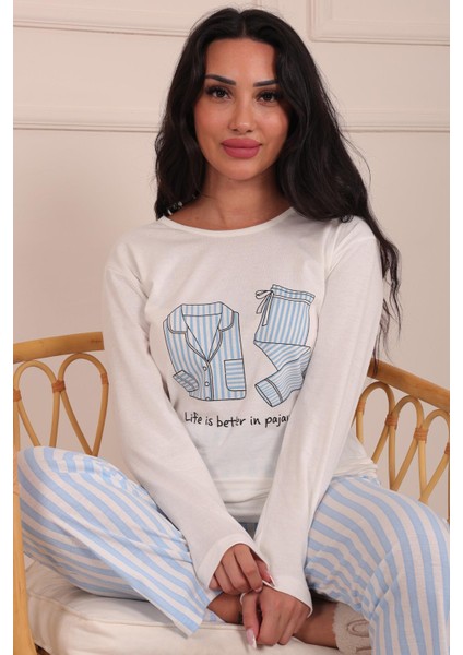 Kadın Sloganlı ve Pijama Desenli Bisiklet Yaka Uzun Kol Altı Uzun Penye Pijama Takımı