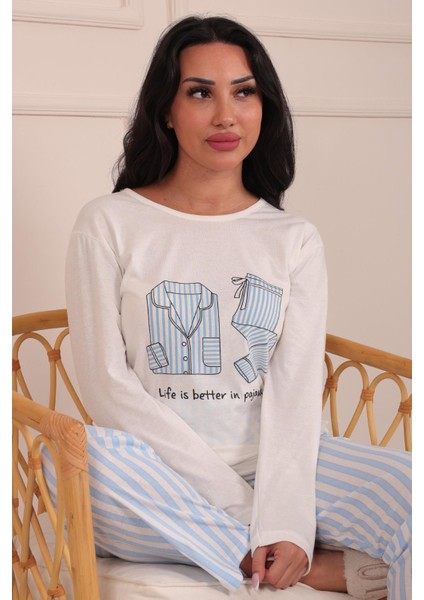 Kadın Sloganlı ve Pijama Desenli Bisiklet Yaka Uzun Kol Altı Uzun Penye Pijama Takımı fiyatları