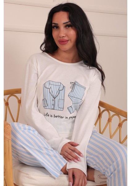 Kadın Sloganlı ve Pijama Desenli Bisiklet Yaka Uzun Kol Altı Uzun Penye Pijama Takımı modelleri