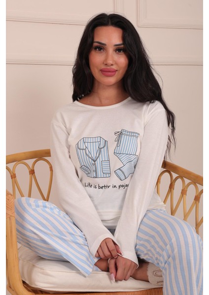 Kadın Sloganlı ve Pijama Desenli Bisiklet Yaka Uzun Kol Altı Uzun Penye Pijama Takımı fırsatları