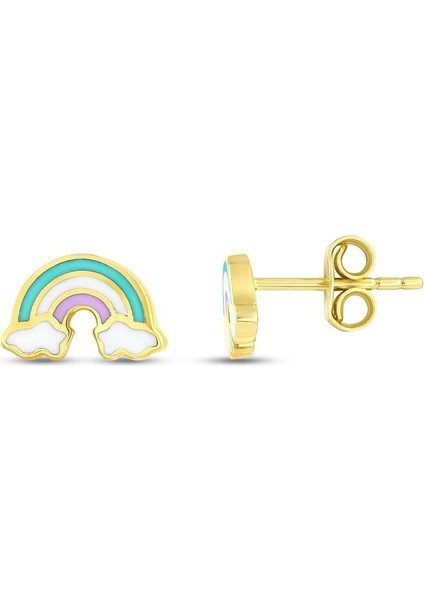 Gökkuşağı Figürlü Altın Çocuk Küpe - 14K