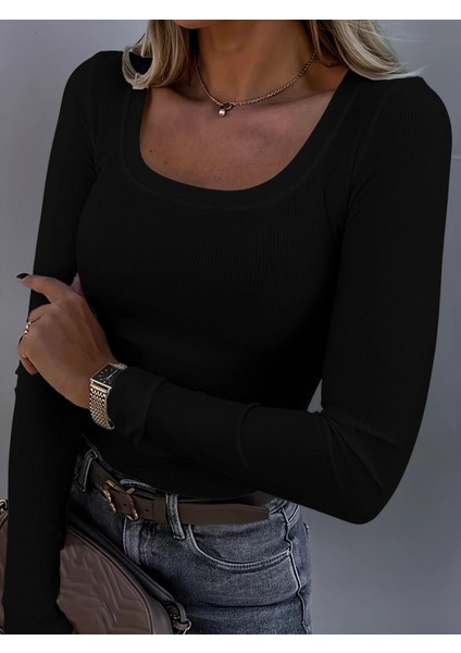Kadın Uzun Kollu Derin Yuvarlak Yaka Kaşkorse Bluz