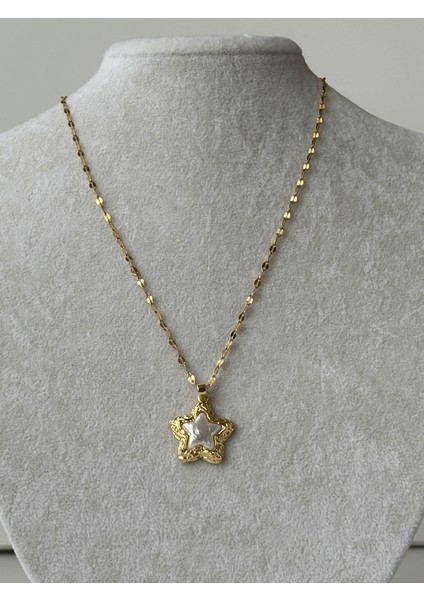 Sedef Kabartma Yıldızlı Altın Detaylı Parlak Gold Kolye fırsatları