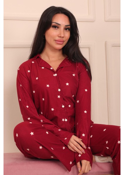 Kadın Yıldız Desenli Önü Düğmeli Uzun Kol Altı Uzun Süet Pijama Takımı