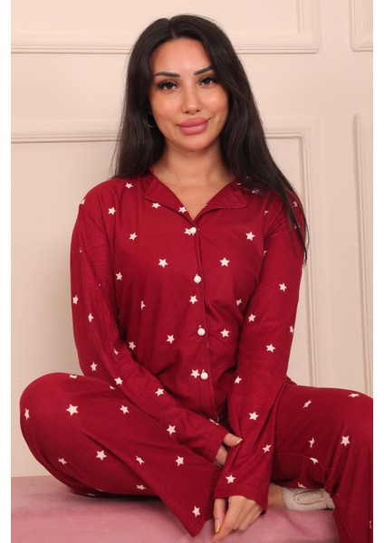 Kadın Yıldız Desenli Önü Düğmeli Uzun Kol Altı Uzun Süet Pijama Takımı fiyatları