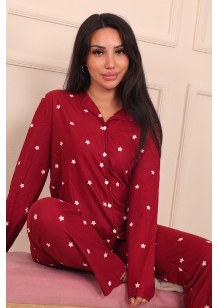 Kadın Yıldız Desenli Önü Düğmeli Uzun Kol Altı Uzun Süet Pijama Takımı modelleri
