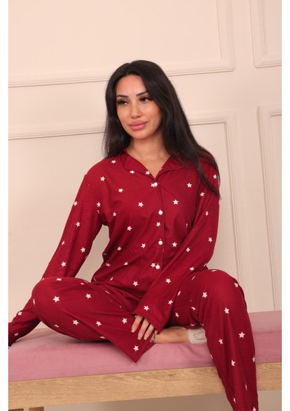 Kadın Yıldız Desenli Önü Düğmeli Uzun Kol Altı Uzun Süet Pijama Takımı fırsatları
