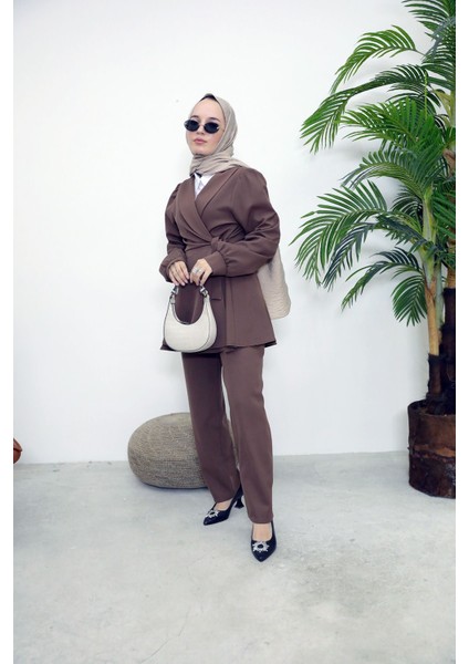 Kuşak Detay Ceketli Takım-Kahve indirimleri