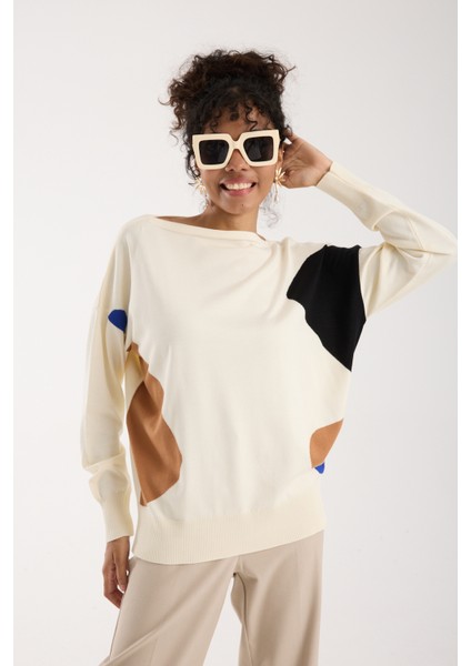 Kadın Ekru Viskon Kumaş Renk Bloklu Kayık Yaka Triko Bluz
