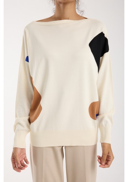 Kadın Ekru Viskon Kumaş Renk Bloklu Kayık Yaka Triko Bluz modelleri