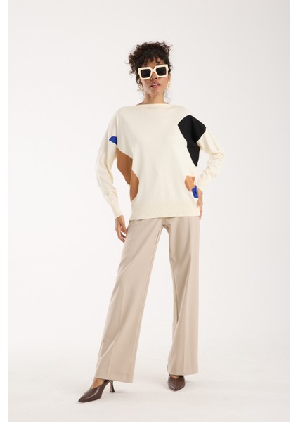 Kadın Ekru Viskon Kumaş Renk Bloklu Kayık Yaka Triko Bluz