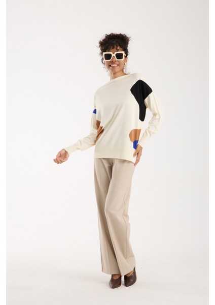 Kadın Ekru Viskon Kumaş Renk Bloklu Kayık Yaka Triko Bluz