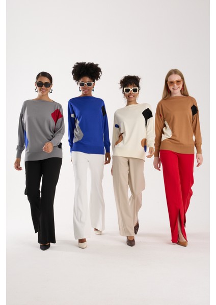 Kadın Ekru Viskon Kumaş Renk Bloklu Kayık Yaka Triko Bluz