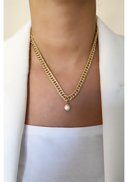 Sedef Uçlu Işlemeli Zincir Gold Kolye