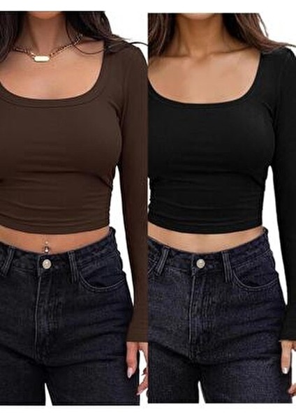 Kadın 2'li Adet Kare Yaka Fitilli Kaşkorse Crop Uzun Kollu Bluz